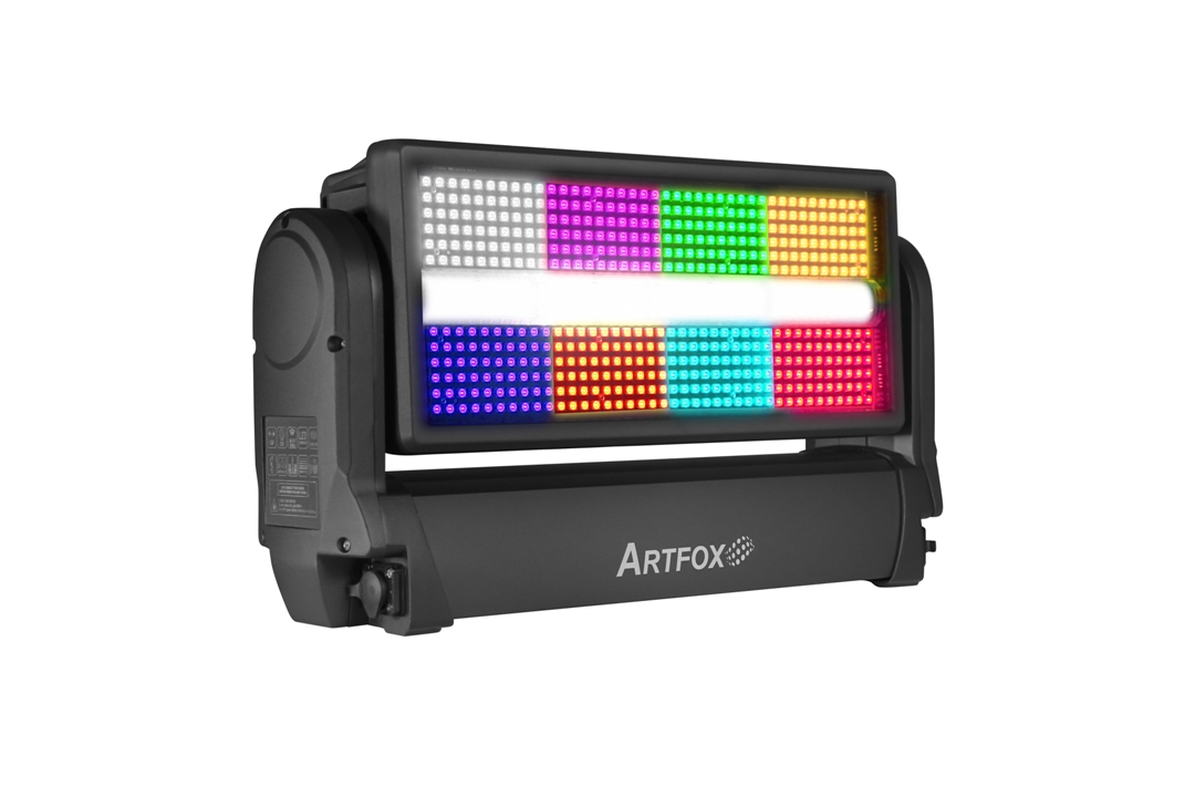 Wall wash light:Strobe and Wash 2-in-1, Tube 720w White, Background Panel 240w RGB, IP65, Dmx Tilt